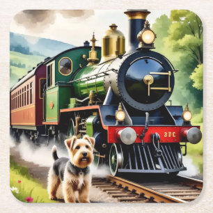 Dog Greeting steam train Square Paper Coaster