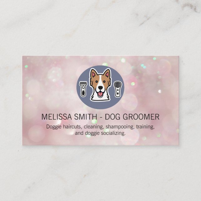 Dog Groomer Logo | Bokeh Sparkle Background Business Card (Front)