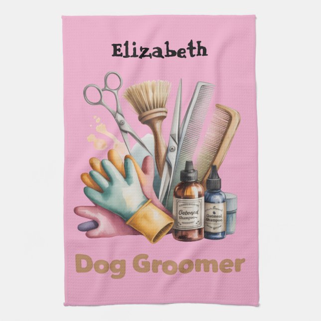 Dog Groomer Watercolor Personalized  Kitchen Towel (Vertical)