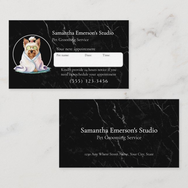 Dog grooming black marble professional appointment card (Front/Back)