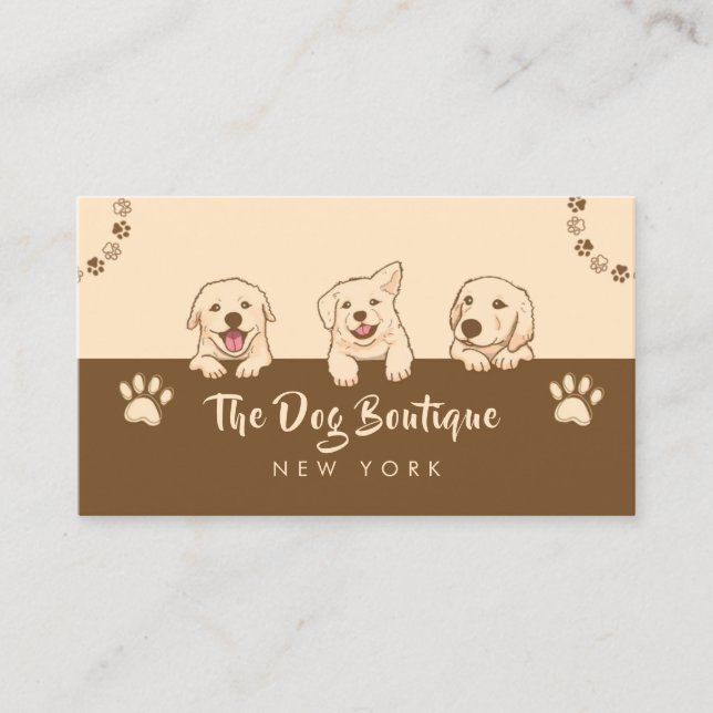 Dog grooming boutique pet sitter cute puppy script business card (Front)