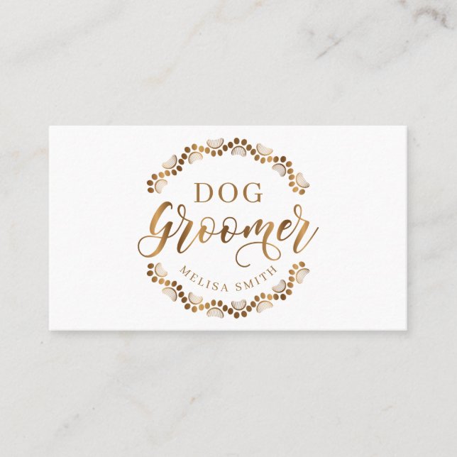 Dog grooming in shape of a circle in  gold business card (Front)