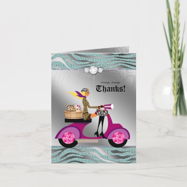 Dog Grooming Thank You Card Zebra Teal Blonde (Front)