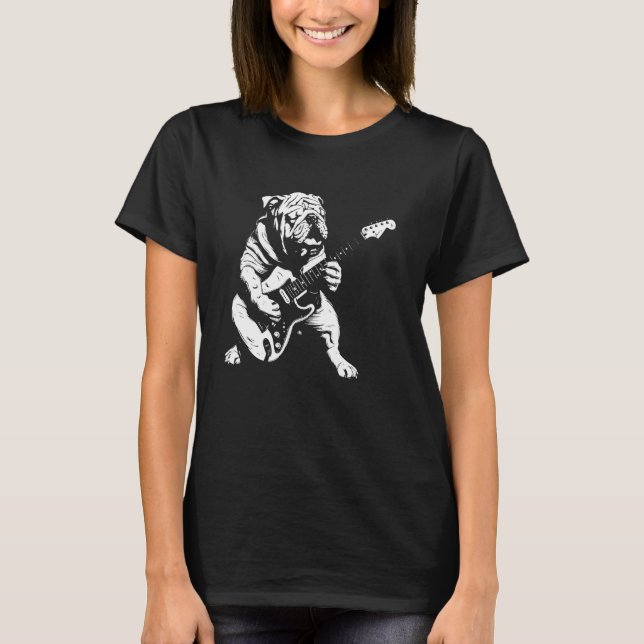 Dog Guitarist Guitar - English Bulldog Dad Mom T-Shirt (Front)