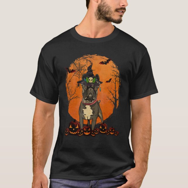 Dog Halloween French Bulldog Jack O Lantern Pumpki T-Shirt (Front)