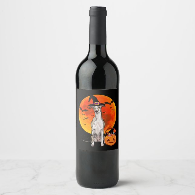 Dog Halloween Whippet Jack O Lantern Pumpkin T-Shi Wine Label (Front)