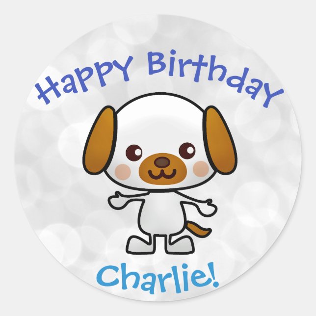 Dog Happy Birthday Child or Pet Name Classic Round Sticker (Front)
