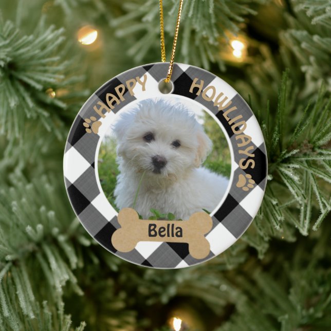 Dog HAPPY HOWLIDAYS  2-Sided 2-Photo Buffalo Check Ceramic Ornament (Tree)