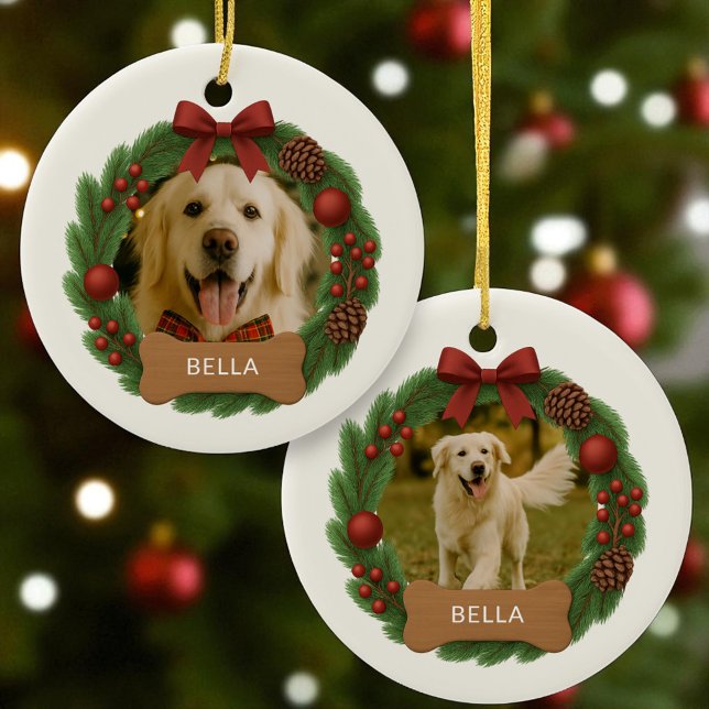 Dog Holiday Christmas Photo Custom Name Wreath Ceramic Ornament (Creator Uploaded)