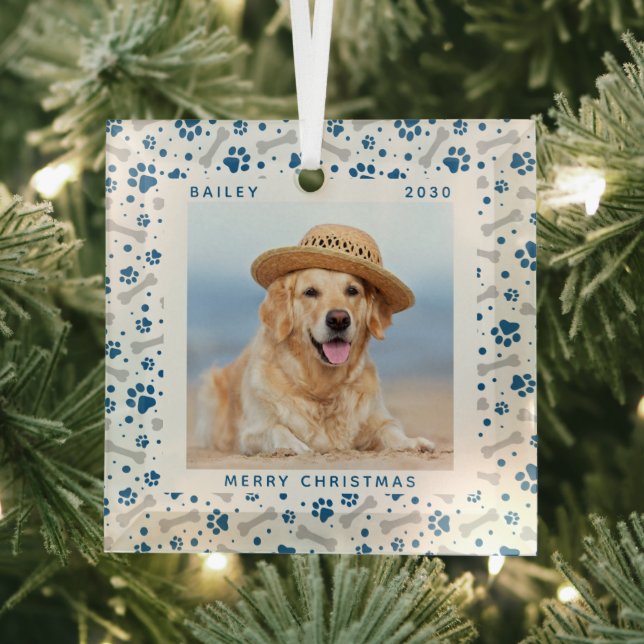 Dog Holiday Cute Paw Prints Bones Custom Pet Photo Glass Ornament (Insitu)