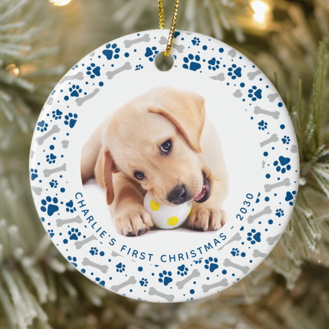 Dog Holiday Paw Prints Personalized 2 Pet Photo Ceramic Ornament (Creator Uploaded)