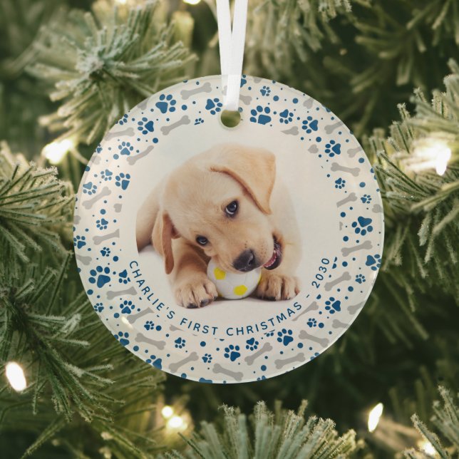 Dog Holiday Paw Prints Personalized 2 Pet Photo Glass Ornament (Insitu)