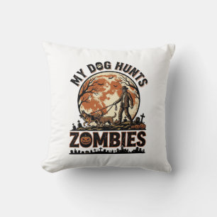 Dog Hunts Zombies Vintage Halloween Vector Design_ Throw Pillow