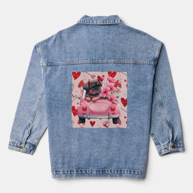 Dog in a car with hearts denim jacket (Back)