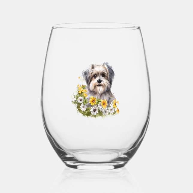 Dog in a Flower Garden Stemless Wine Glass (Front)