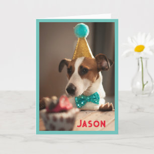 Dog in Birthday Party Hat Personalize Name Card