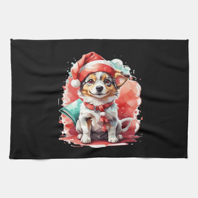 Dog in Christmas Hat - Christmas Tale Oversized T- Kitchen Towel (Horizontal)