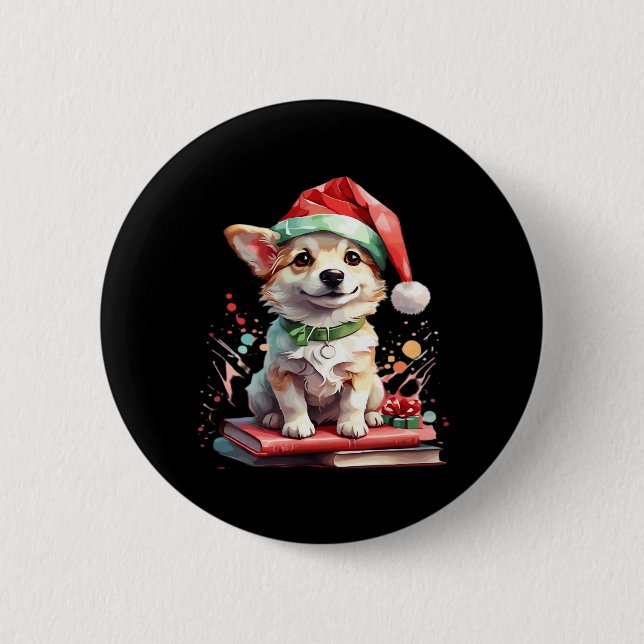 Dog in Christmas Hat with Books - A Perfect Christ 2 Inch Round Button (Front)