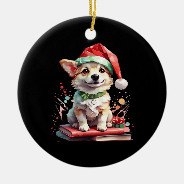 Dog in Christmas Hat with Books - A Perfect Christ Ceramic Ornament (Front)