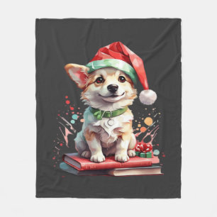 Dog in Christmas Hat with Books - A Perfect Christ Fleece Blanket