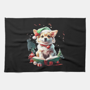 Dog in Christmas Hat with Books - A Perfect Christ Kitchen Towel
