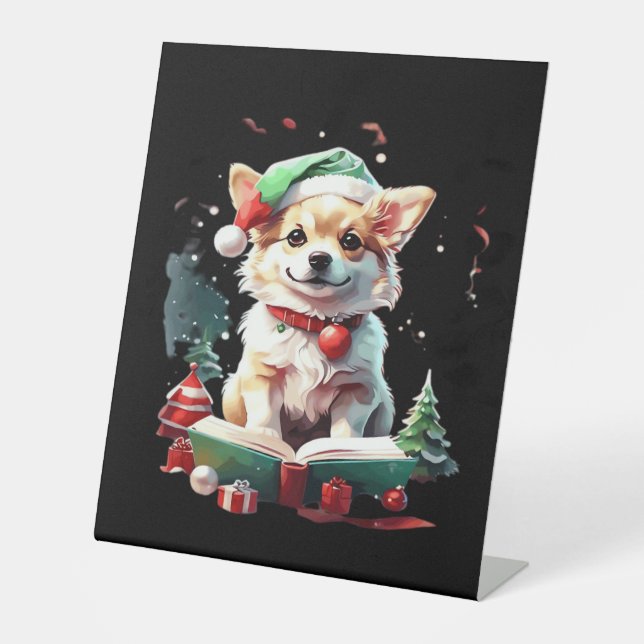 Dog in Christmas Hat with Books - A Perfect Christ Pedestal Sign (Front)