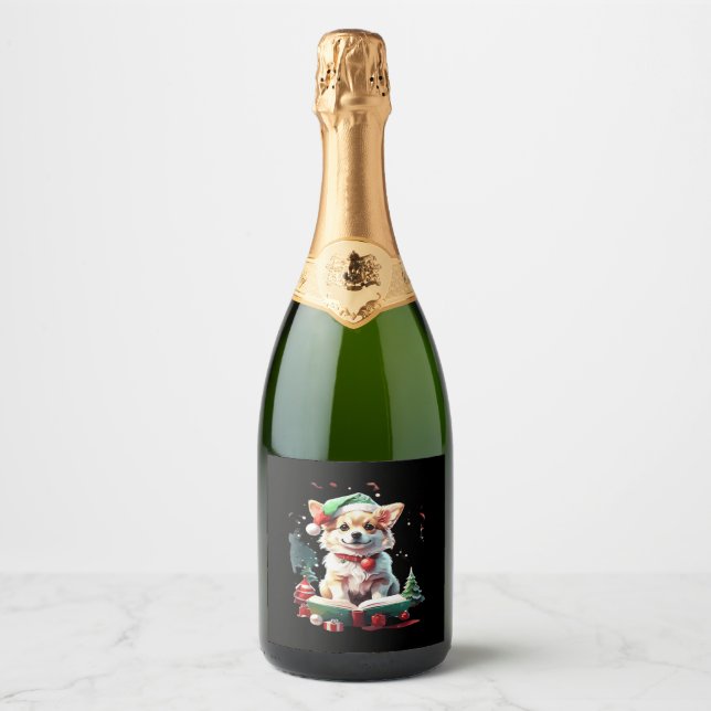 Dog in Christmas Hat with Books - A Perfect Christ Sparkling Wine Label (Front)