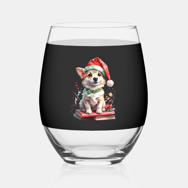 Dog in Christmas Hat with Books - A Perfect Christ Stemless Wine Glass (Front)