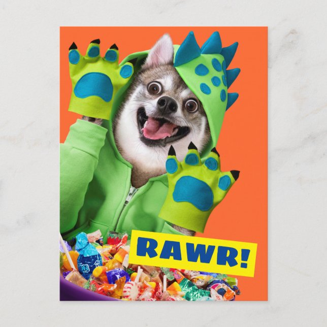 Dog in Dinosaur Costume Invitation Postcard (Front)