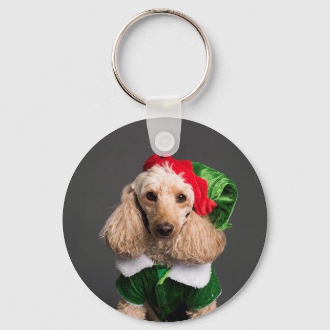 Dog in Elf Costume Keychain (Front)