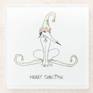 Dog In Elf Costume Merry Christmas Glass Coaster