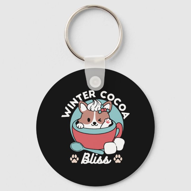 Dog in Festive Mug for Holiday Vibes - Winter Coco Keychain (Front)