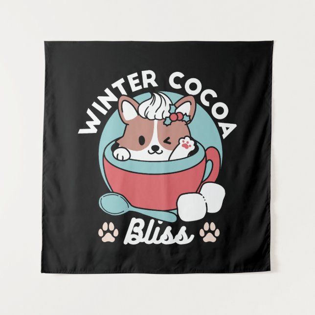 Dog in Festive Mug for Holiday Vibes - Winter Coco Tapestry (Front)