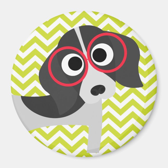 Dog in Glasses Green Chevron Stripe Pattern Magnet (Front)