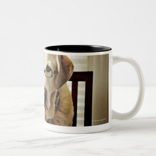 Dog in morning routine Two-Tone coffee mug