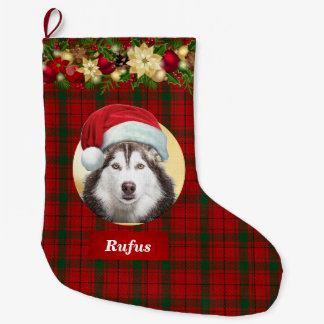 Dog in Santa Claus Hat Photo Christmas Plaid Name Large Christmas Stocking