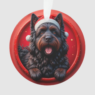 Dog in Santa Hat Surrounded by Festive Christmas Ornament