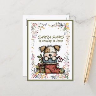 Dog In Stocking Santa PAWS is Coming to Town Holiday Postcard