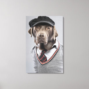 Dog in sweater and cap canvas print