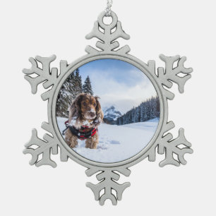 Dog in the Snow Winter Scene Snowflake Pewter Christmas Ornament
