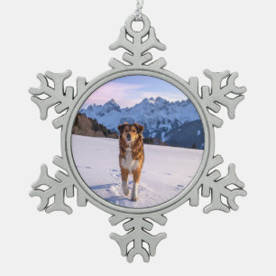 Dog in the Snow Winter Scene Snowflake Pewter Christmas Ornament