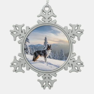 Dog in the Snow Winter Scene Snowflake Pewter Christmas Ornament
