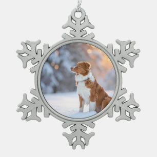 Dog in the Snow Winter Scene Snowflake Pewter Christmas Ornament