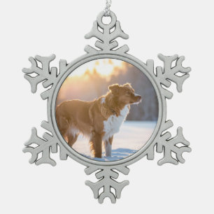 Dog in the Snow Winter Scene Snowflake Pewter Christmas Ornament