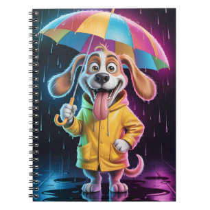 Dog in Yellow Raincoat with Rainbow Umbrella Notebook