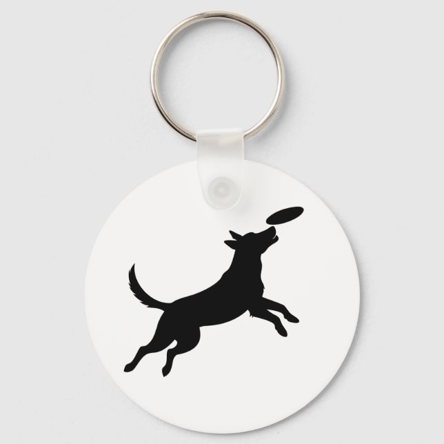 dog jumping to catch a frisbee keychain (Front)