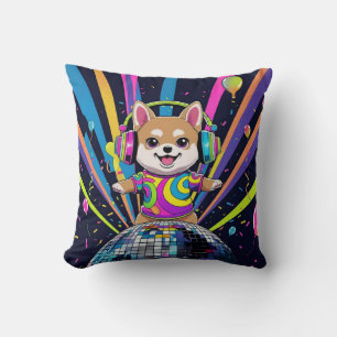 Dog Kawaii Shiba Inu Dancing Neon Retro Throw Pillow