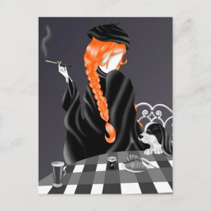 Dog & Lady at café Ginger Hair Postcard