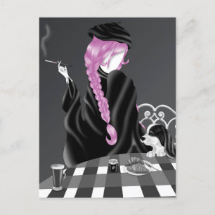 Dog & Lady at café Pink Hair Postcard
