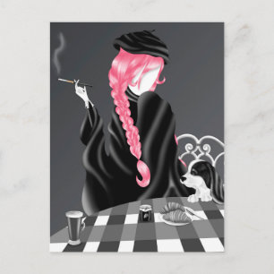 Dog & Lady at café Pink Hair Postcard